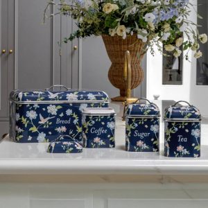 Elveden, 3 oppbevaringsbokser i stål, med fuglemønster i blått fra Laura Ashley